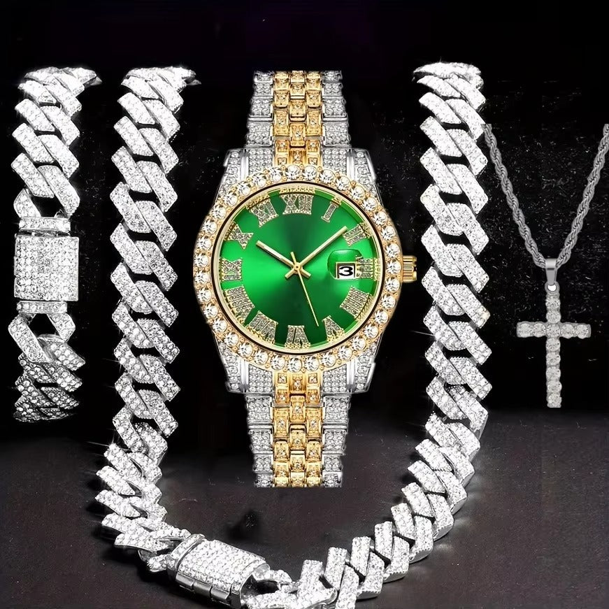 Hip Hop Bracelet Necklace Diamond-embedded Watch Suit