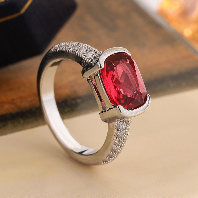 Micro-set Zircon Red Corundum Heart Square Diamond Ring For Women