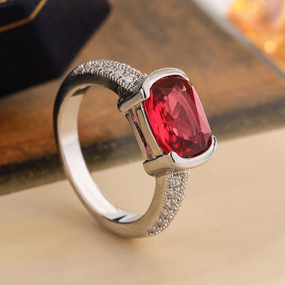 Micro-set Zircon Red Corundum Heart Square Diamond Ring For Women