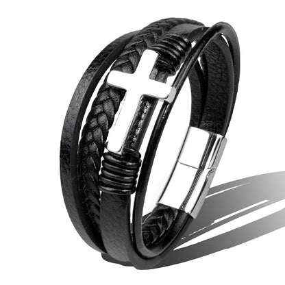 Stainless Steel Leather Cross Brown Black Bracelet Men Hiphop Jewelry