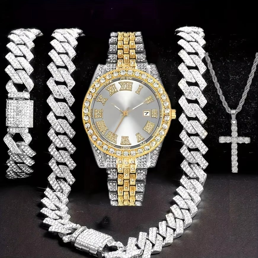 Hip Hop Bracelet Necklace Diamond-embedded Watch Suit