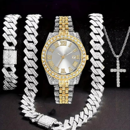 Hip Hop Bracelet Necklace Diamond-embedded Watch Suit