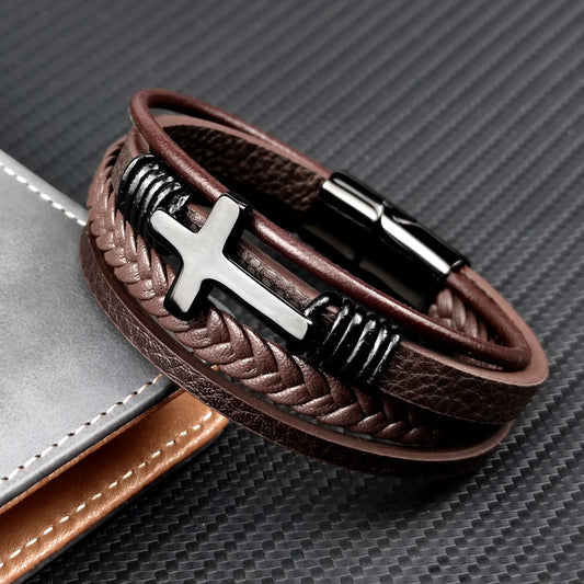 Stainless Steel Leather Cross Brown Black Bracelet Men Hiphop Jewelry