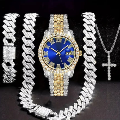 Hip Hop Bracelet Necklace Diamond-embedded Watch Suit